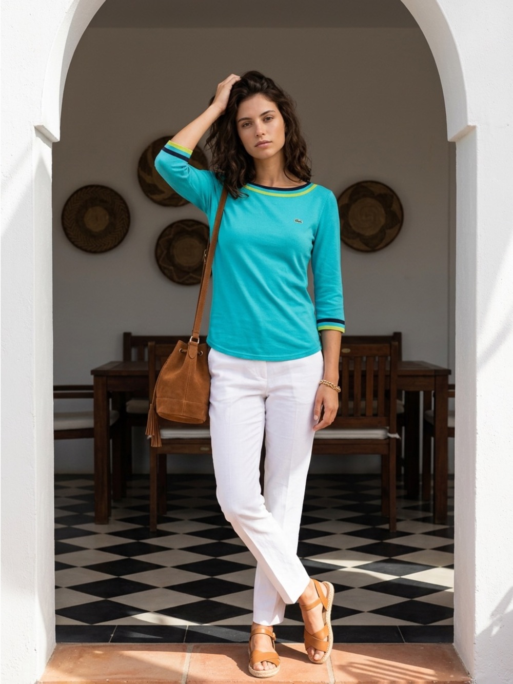Lacoste Teal Scoop Neck Short Sleeve Knit Top with Contrast Trim